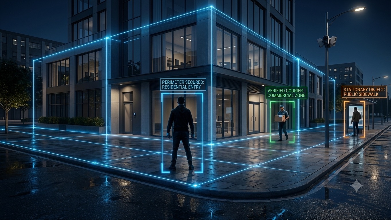 IA da Space classificando perímetro, courier verificado e objeto parado nas zonas de um imóvel à noite